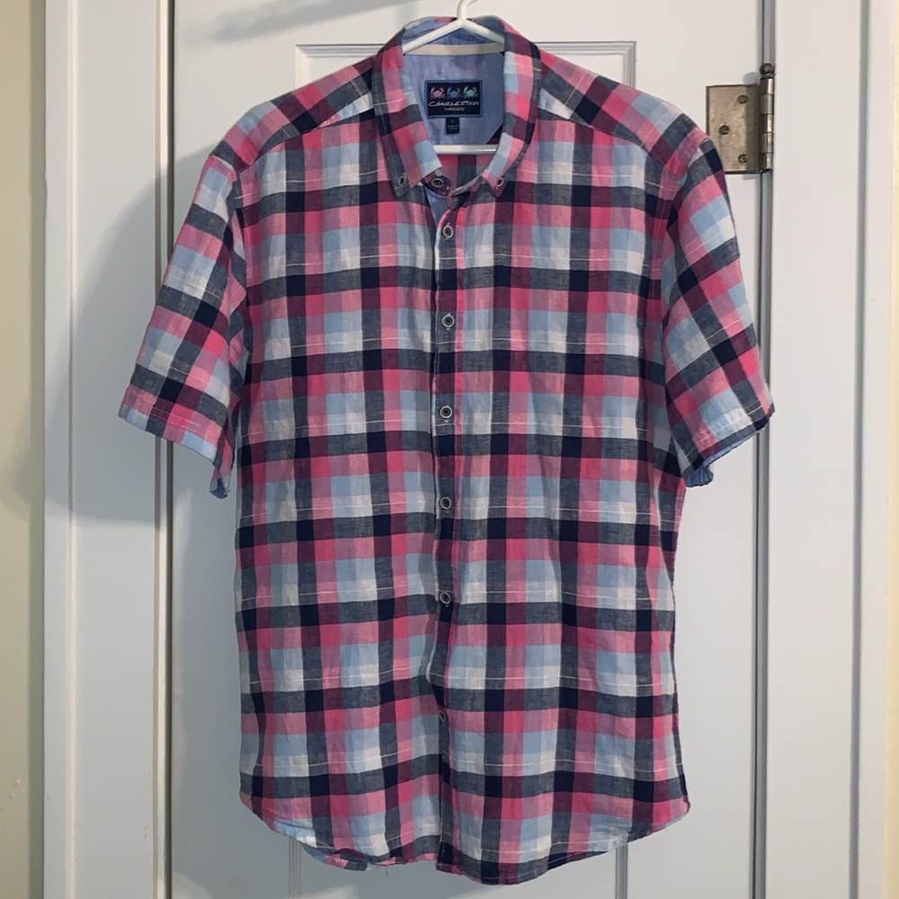 Men’s Linen Blend “Charleston Threads” Short Sleeve, Button Down, Dressy Casual